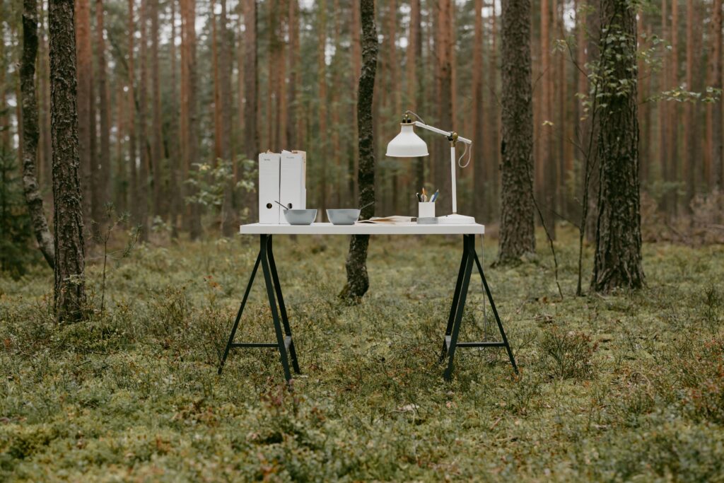A white desk with lamp and office supplies, positioned in a tranquil forest.